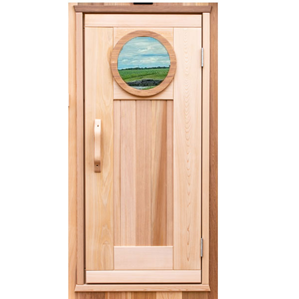 22-3/4"x64-3/4" Door in Frame - Clear Cedar with Round MIRROR Glass Dundalk Collection Saunas.