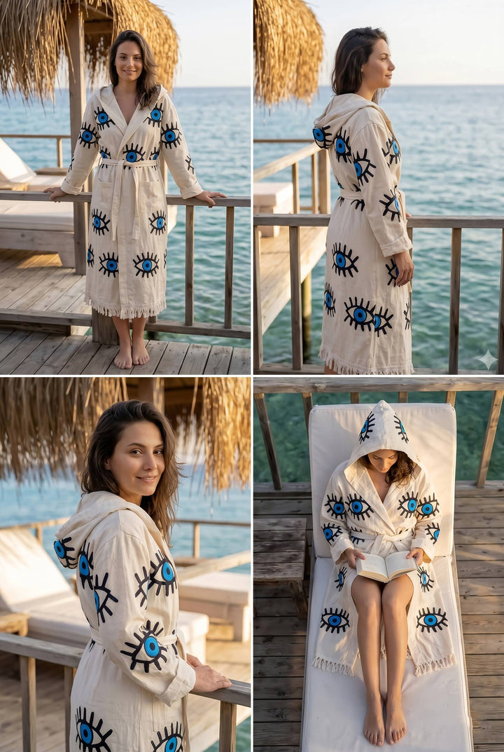 Evil Eye Hooded Turkish Cotton Bathrobe