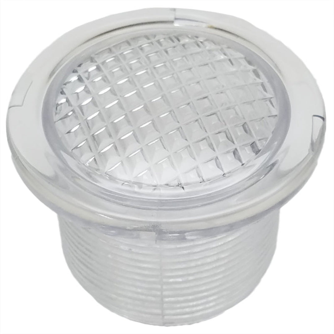 Clear plastic strainer with metal mesh on a white background