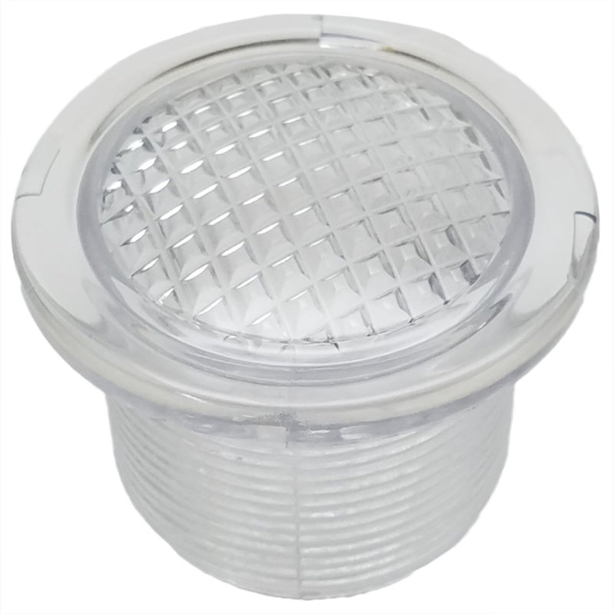 Clear plastic strainer with metal mesh on a white background