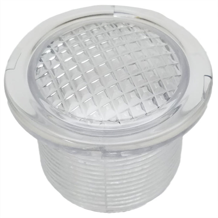 Clear plastic strainer with metal mesh on a white background