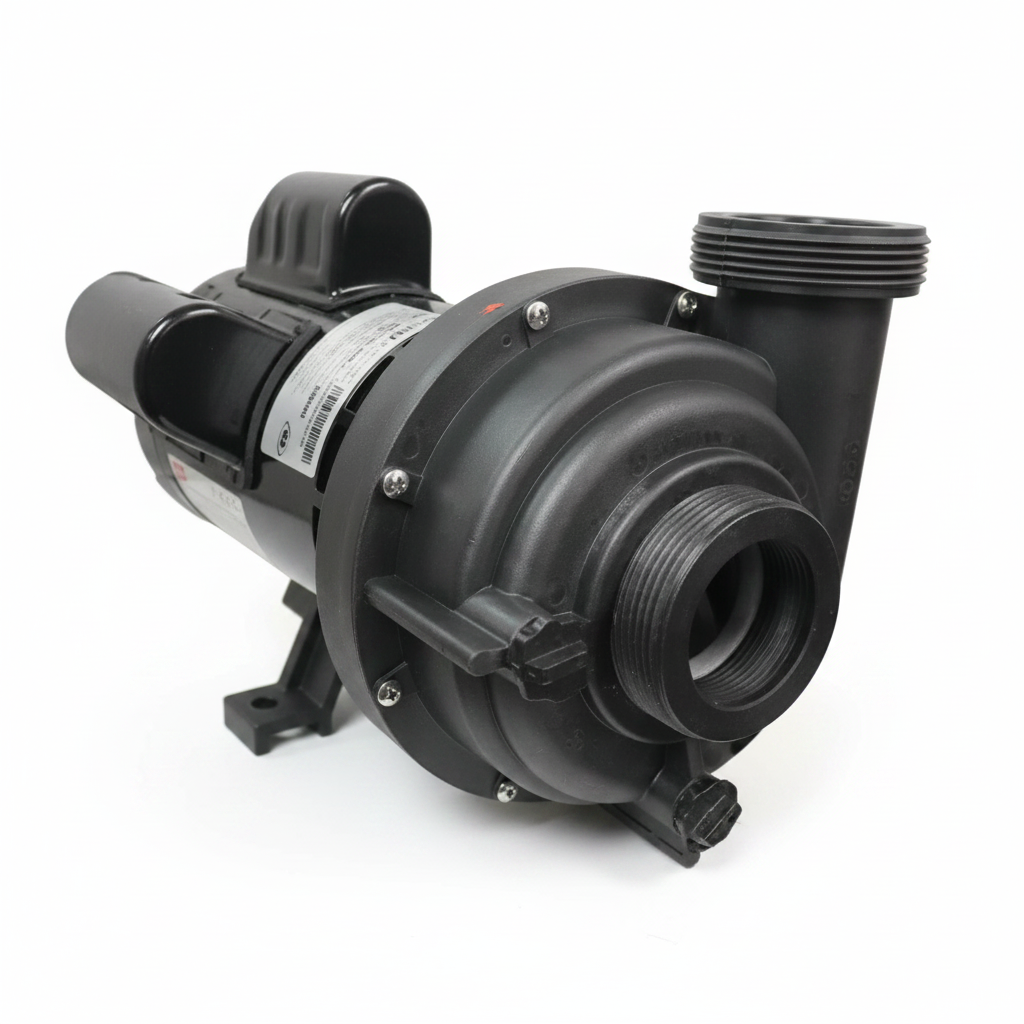 A black plastic pump or filter assembly with a threaded connection and a small label, shown on a white background with a black border.