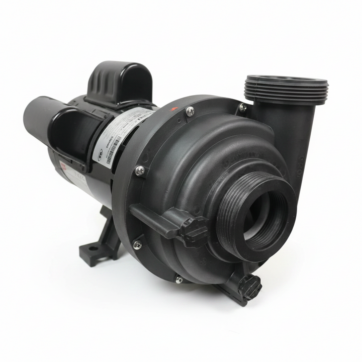 A black plastic pump or filter assembly with a threaded connection and a small label, shown on a white background with a black border.