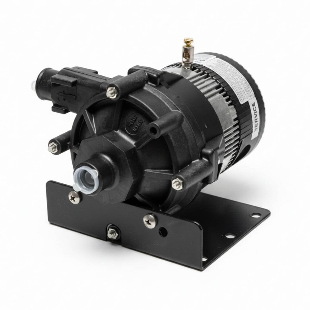 A black electric pump motor mounted on a black metal bracket, shown against a white background with a black border.