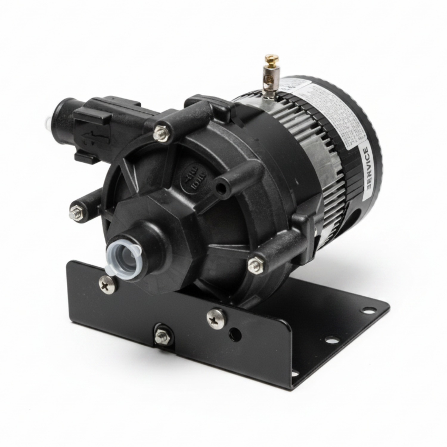 A black electric pump motor mounted on a black metal bracket, shown against a white background with a black border.