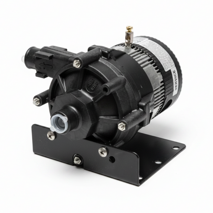 A black electric pump motor mounted on a black metal bracket, shown against a white background with a black border.