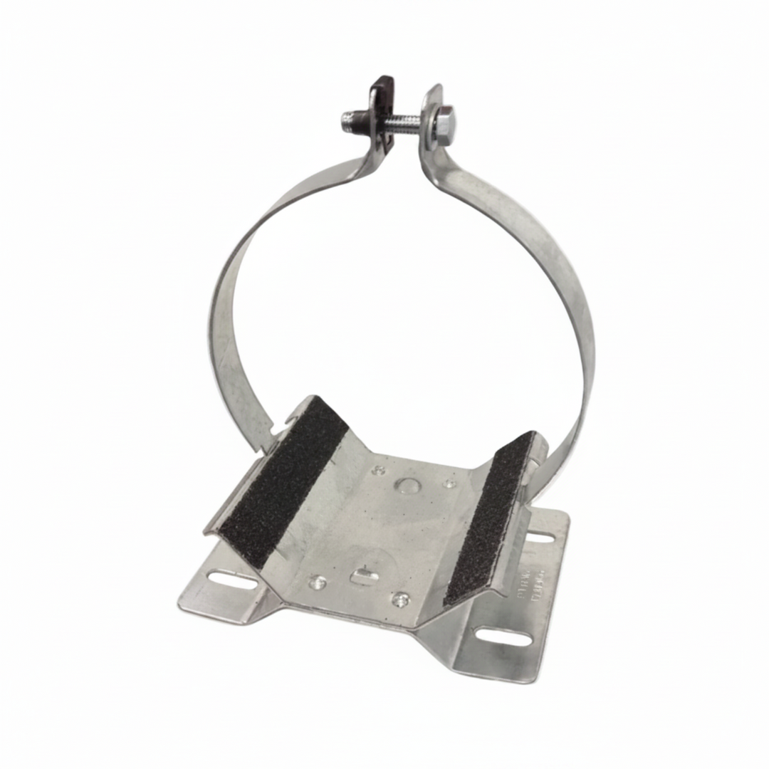 A metal clamp bracket with a circular loop, bolt and washer at the top, and a flat mounting plate with two black adhesive strips, shown on a white background.