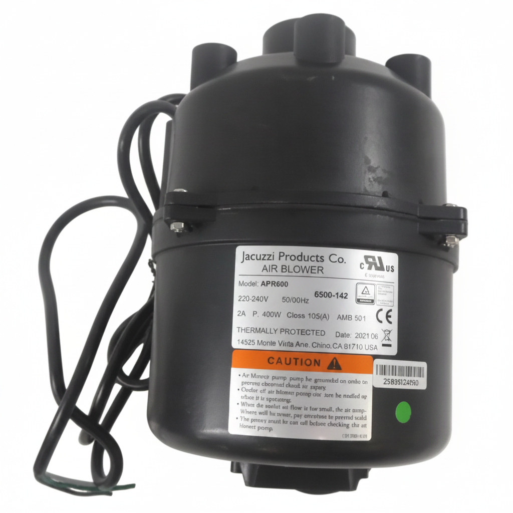 A black electric pump motor with a white and orange label, featuring a black power cord, photographed on a plain white background.