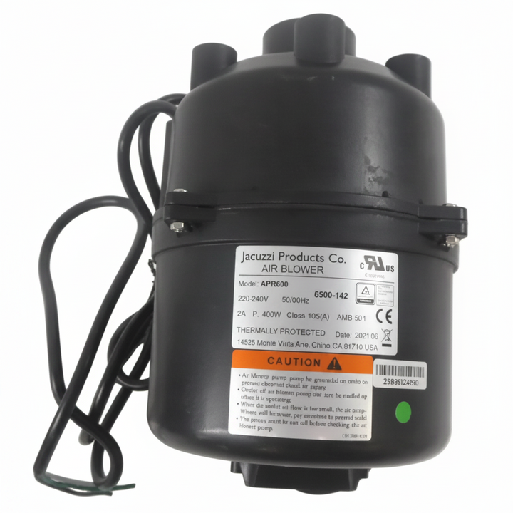 A black electric pump motor with a white and orange label, featuring a black power cord, photographed on a plain white background.
