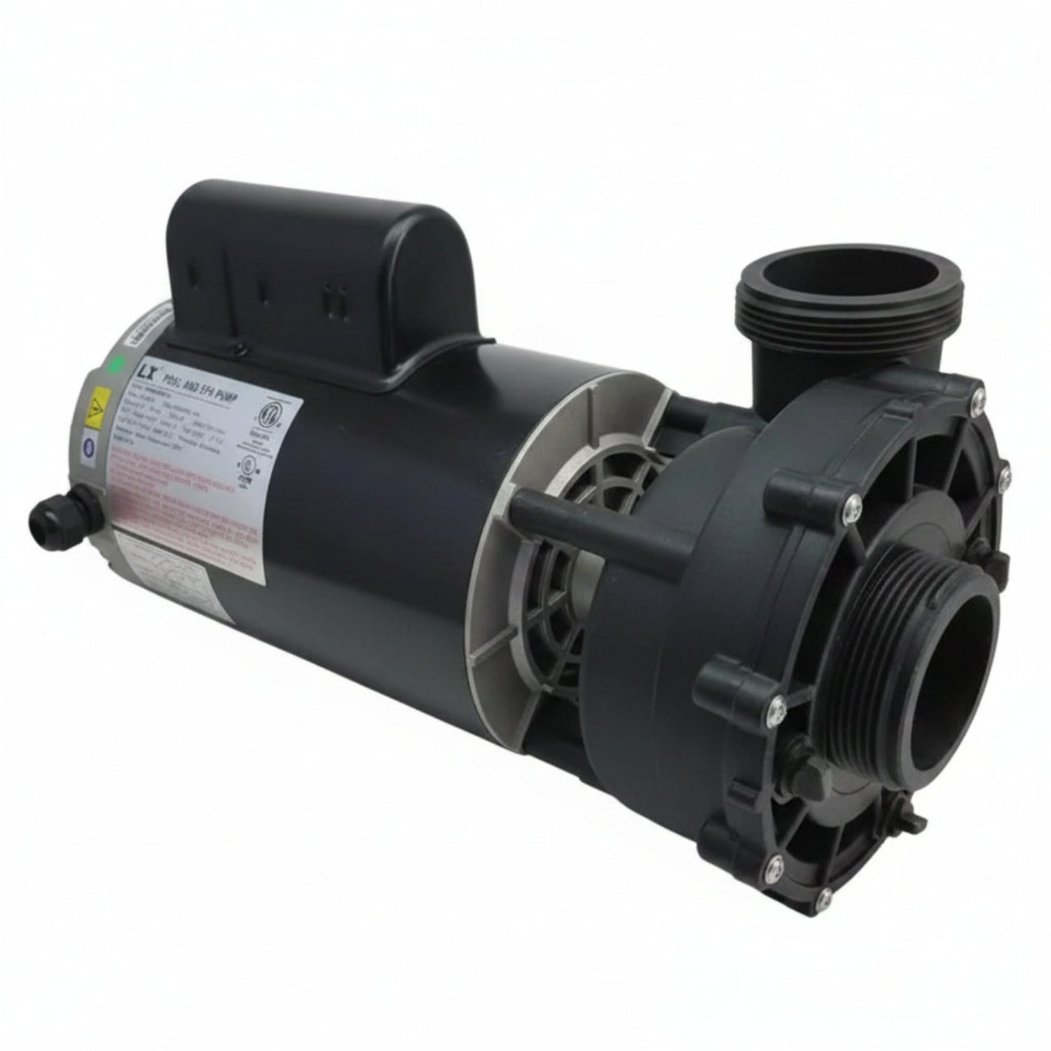 A black spa pump motor and impeller assembly with a white product label, photographed on a solid white background.