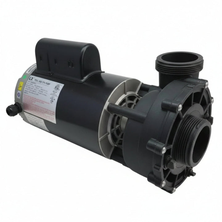 A black spa pump motor and impeller assembly with a white product label, photographed on a solid white background.