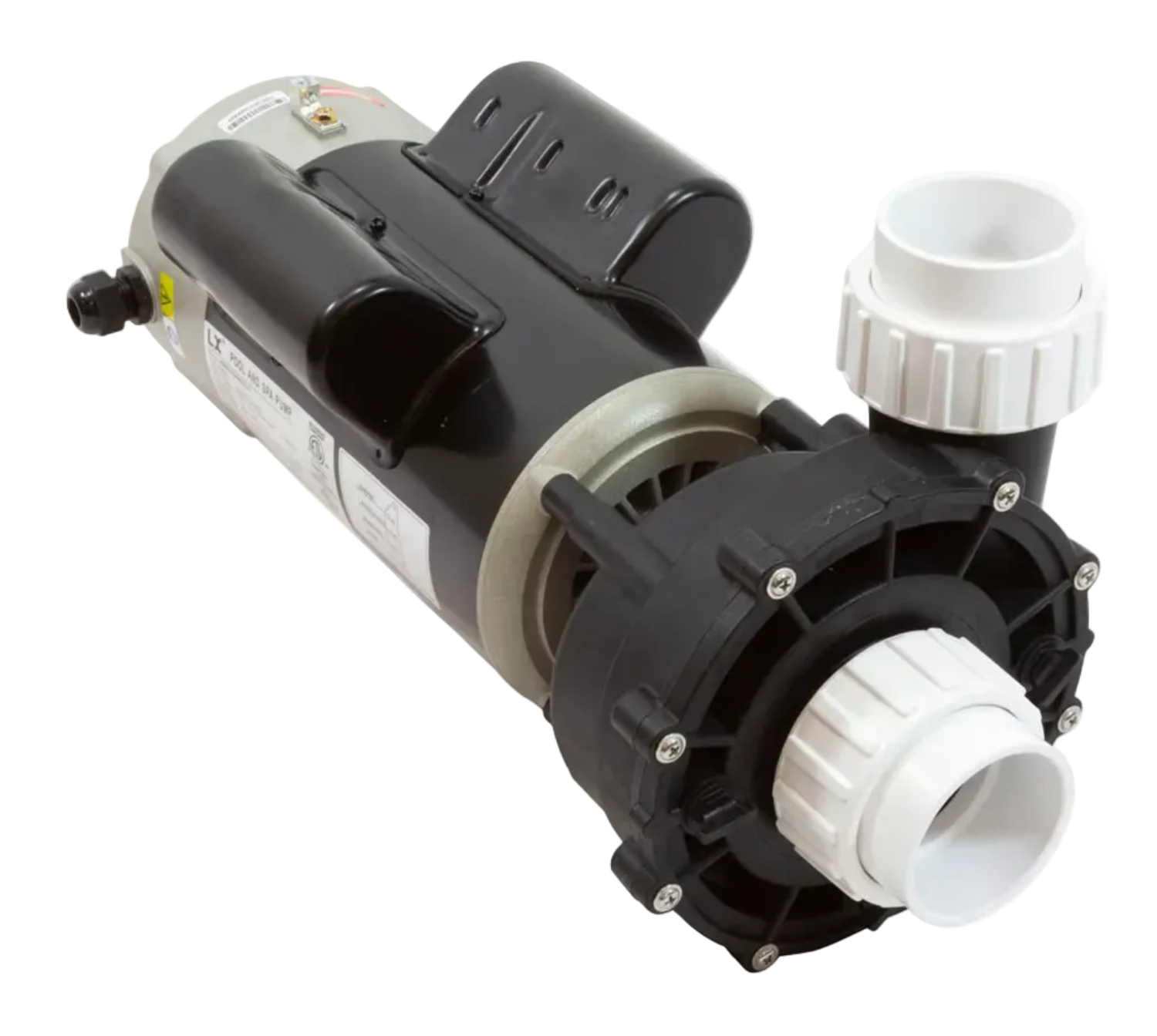 A black and silver spa pump motor assembly with white plastic pipe connectors, shown on a plain white background.
