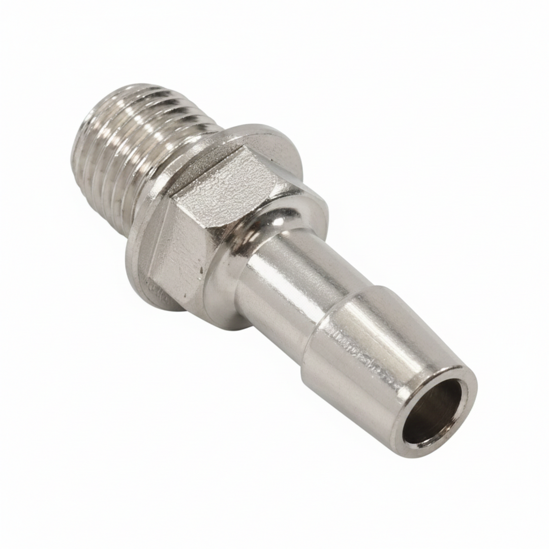 A stainless steel male adapter fitting with a threaded male connector on one end and a smooth male pipe connector on the other, shown on a white background with a black border.