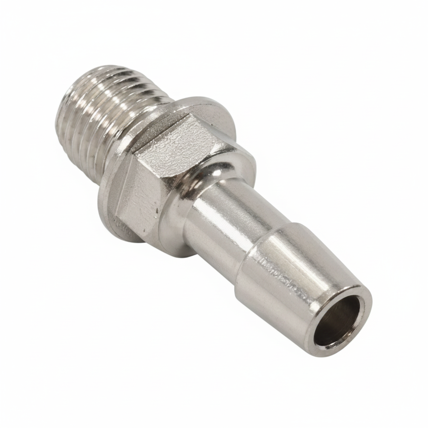 A stainless steel male adapter fitting with a threaded male connector on one end and a smooth male pipe connector on the other, shown on a white background with a black border.