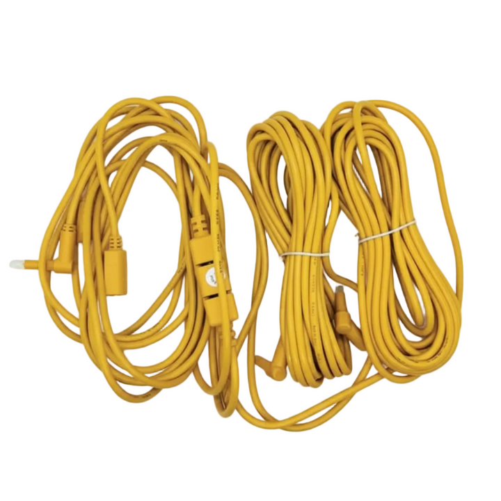 Two coiled yellow extension cords with multiple plug connectors, bundled together on a plain white background.