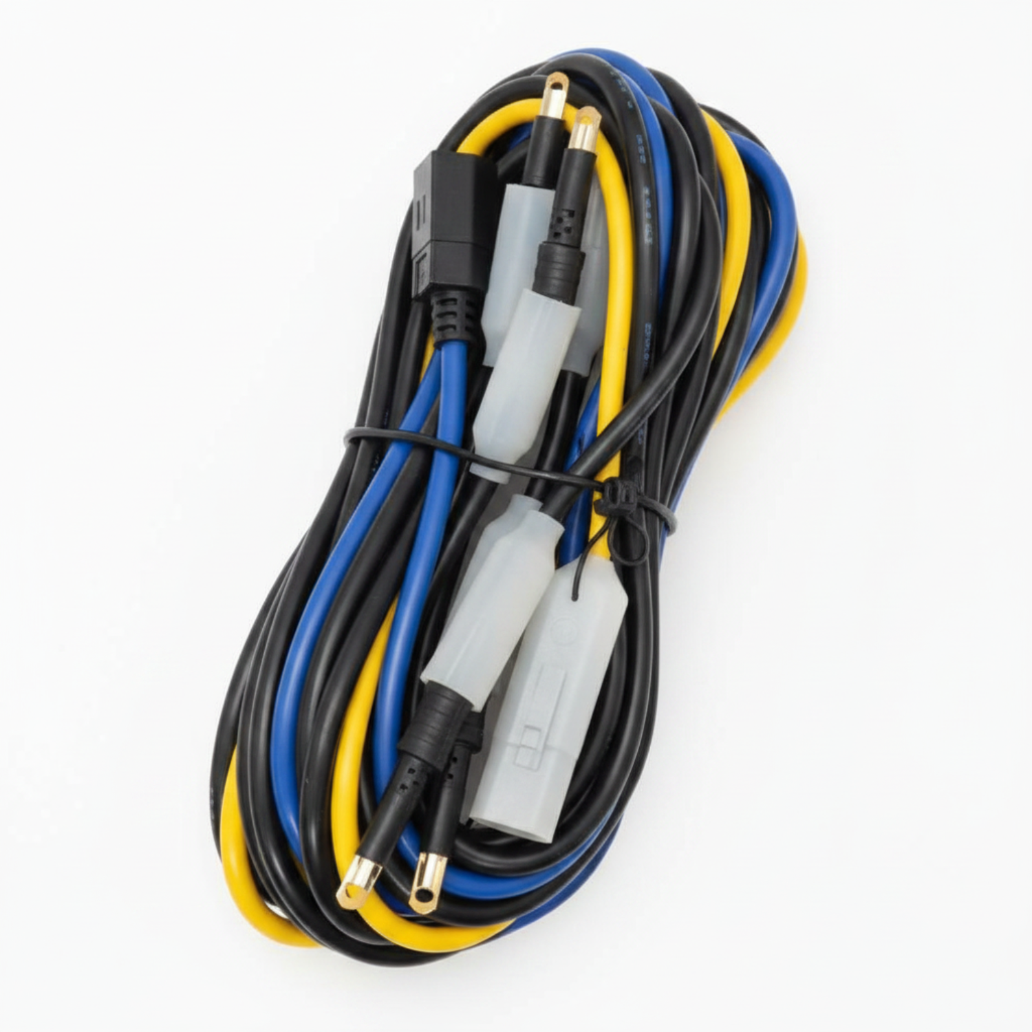 A coiled bundle of multi-colored wires and cables with various connector plugs, including black, blue, and yellow strands, secured with a black tie-wrap on a white background.