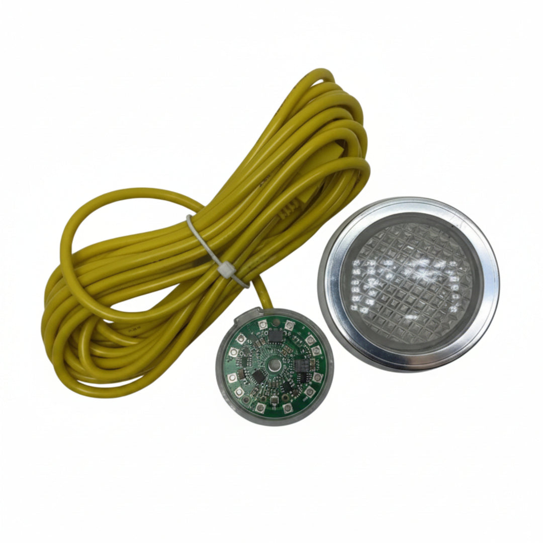 Two round LED lights with a coiled yellow cable on a white background
