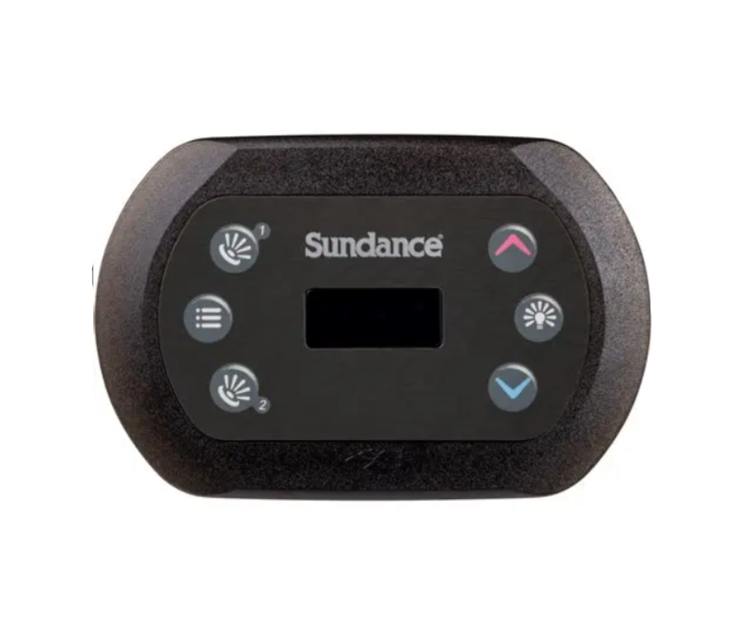 Sundance electronic control panel with six buttons and a small display screen, shown on a white background with a black border. 