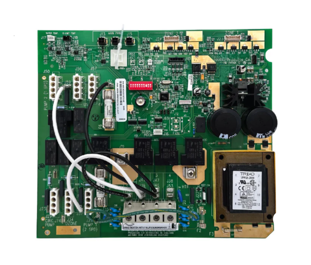 A green industrial electronic control board with various electronic components, wires, and a large black motor drive module, presented on a white background with a black border. Sundance® 780 Series 2‑Pump ENC System Circuit Board (05/24/18 – 10/2023) Part 