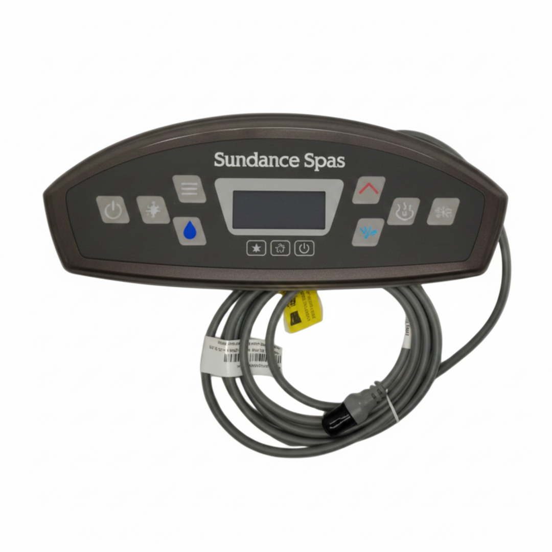Sundance Spas digital control panel with attached gray cable, shown in its plastic shrink wrap on a light gray background.