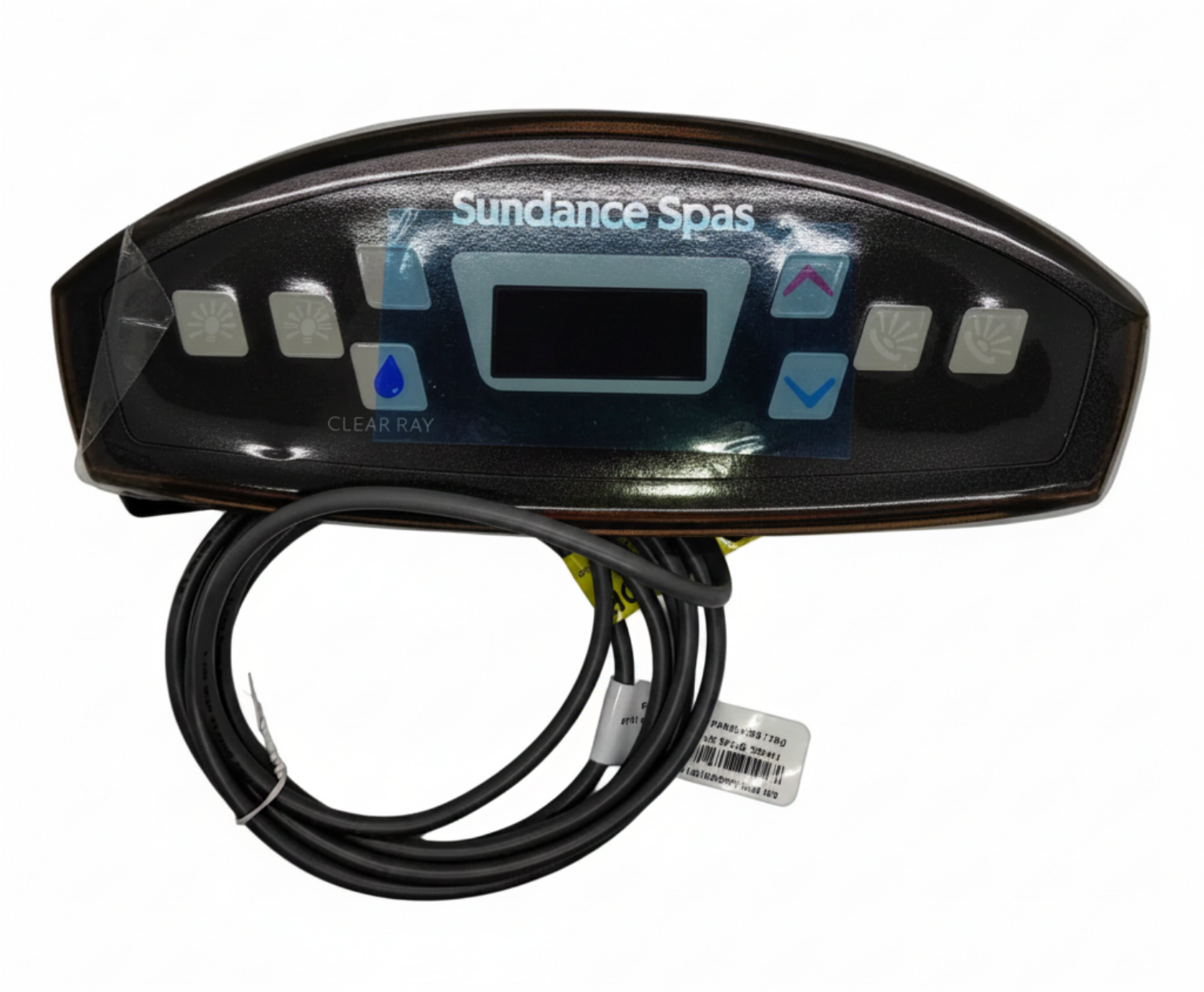A Sundance Spa digital control panel with a black textured faceplate, blue-lit display screen, and four control buttons, shown with a coiled black cable on a light gray background. Sundance® 780 Series Topside Control Panel – 2‑Pump System (11/2023+) Part #6600‑605