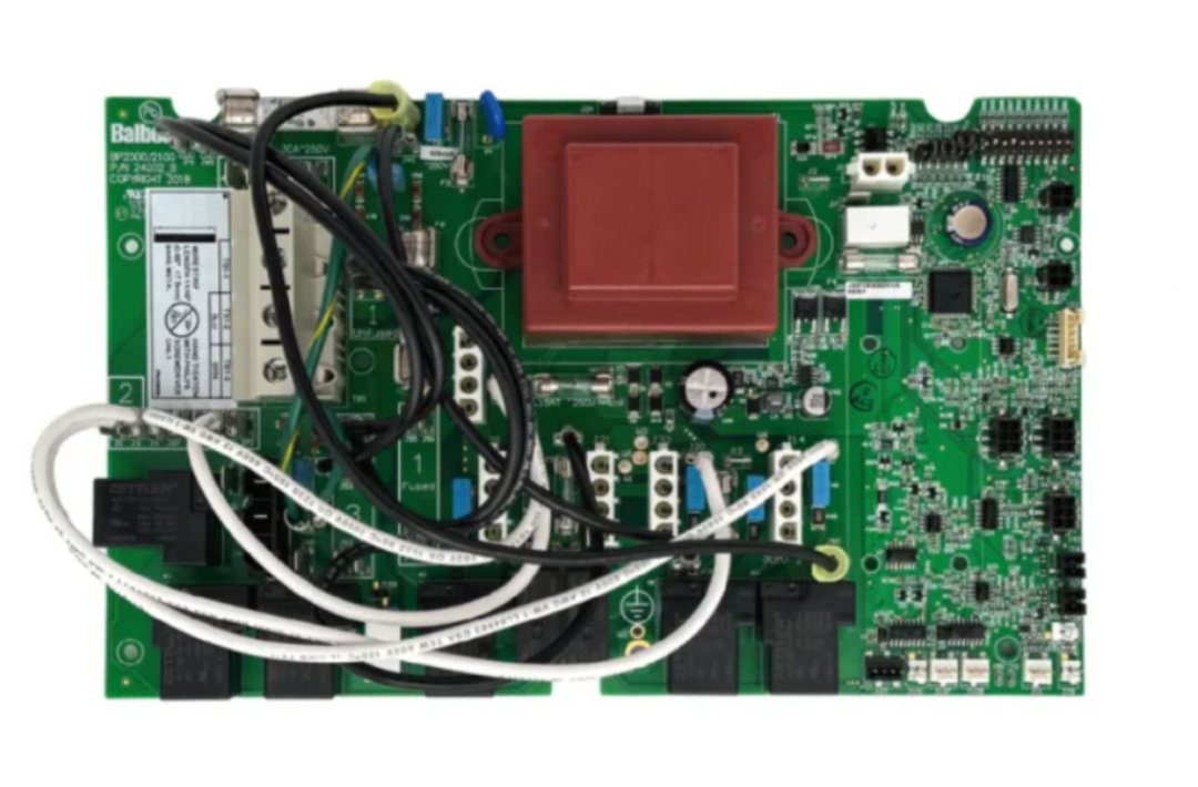 A top-down view of a green electronic circuit board with a large red heat sink, various black and white wires, and multiple electronic components. Sundance® / Jacuzzi® 880 Series Control Board – 1‑, 2‑, and 3‑Pump Systems (Mid‑01/2024+) Part 