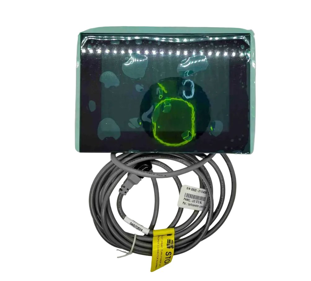 A packaged electronic device with a dark front panel and a coiled gray cable below it, photographed against a plain light background. The device is wrapped in clear plastic, and a yellow tag is attached to the cable. Sundance® / Jacuzzi® 880 Series iTouch LCD Topside Control Panel — Mid‑01/2024+ (1‑, 2‑, &amp; 3‑Pump Systems) Part 