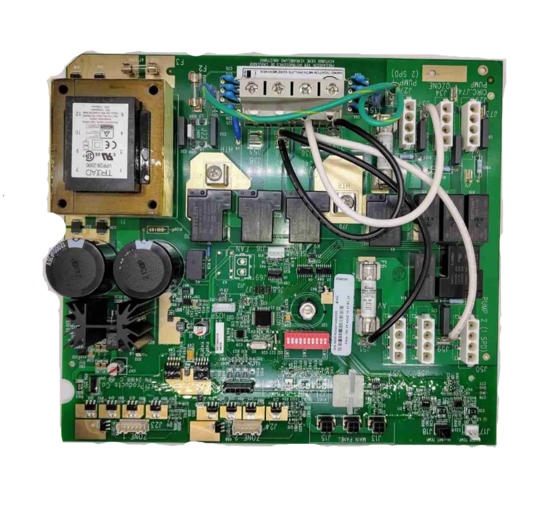 A green electronic control board with various electronic components, wires, and a transformer, photographed from above on a white background. Sundance® 780 Series 2‑Pump Control Board – 60 Hz (‘23 Electronics Platform) Part 
