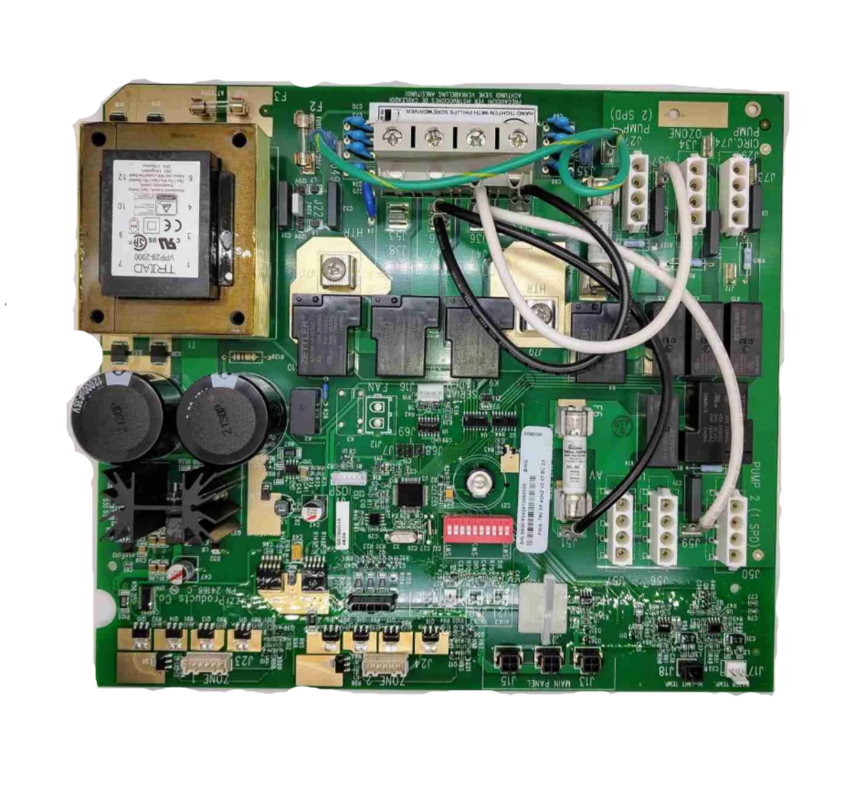 A green electronic control board with various electronic components, wires, and a transformer, photographed from above on a white background. Sundance® 780 Series 2‑Pump Control Board – 60 Hz (‘23 Electronics Platform) Part #6600‑624