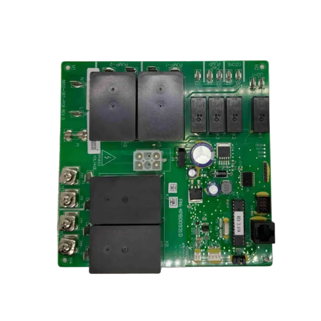 Sundance® / Jacuzzi® LED Series Control Board – 1 & 2 Pump, Circulation Pump Systems (2002–2014+) Part #6600‑726
A green industrial electronic circuit board with multiple black relays, silver terminal connectors, and various electronic components, shown against a light gray background. 