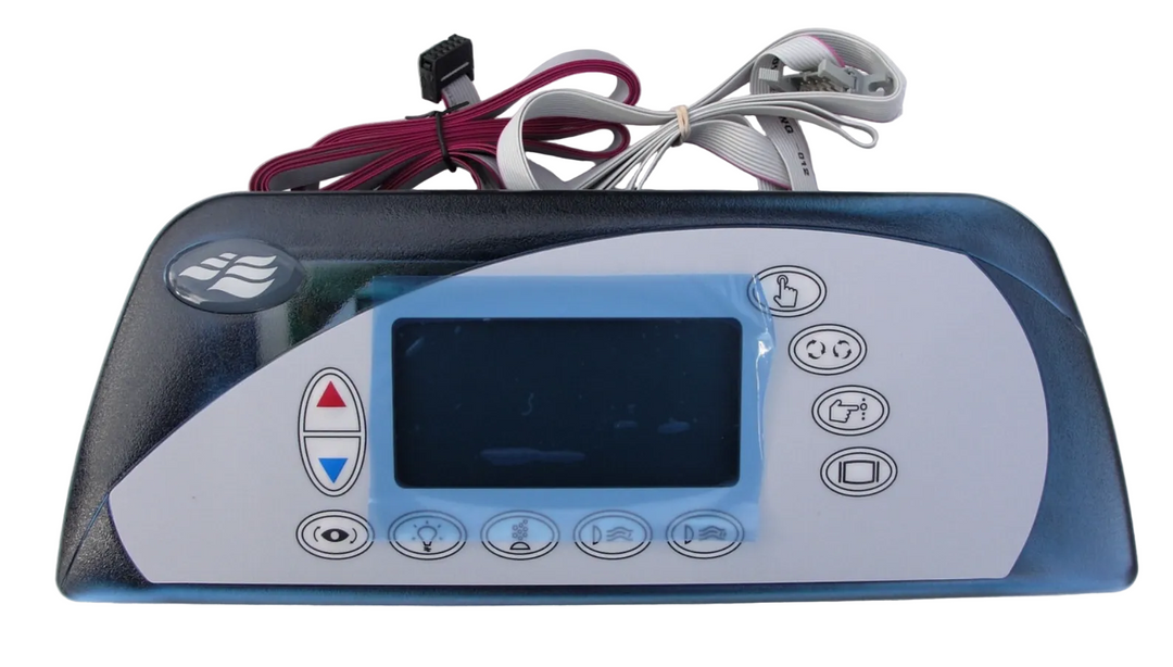 A blue and white electronic control panel with a central display screen and multiple button icons, shown with attached red and white cables on a white textured background. Sundance® 850/880 Series Control Panel – Grey, 2‑Pump Systems (2001+) Part 