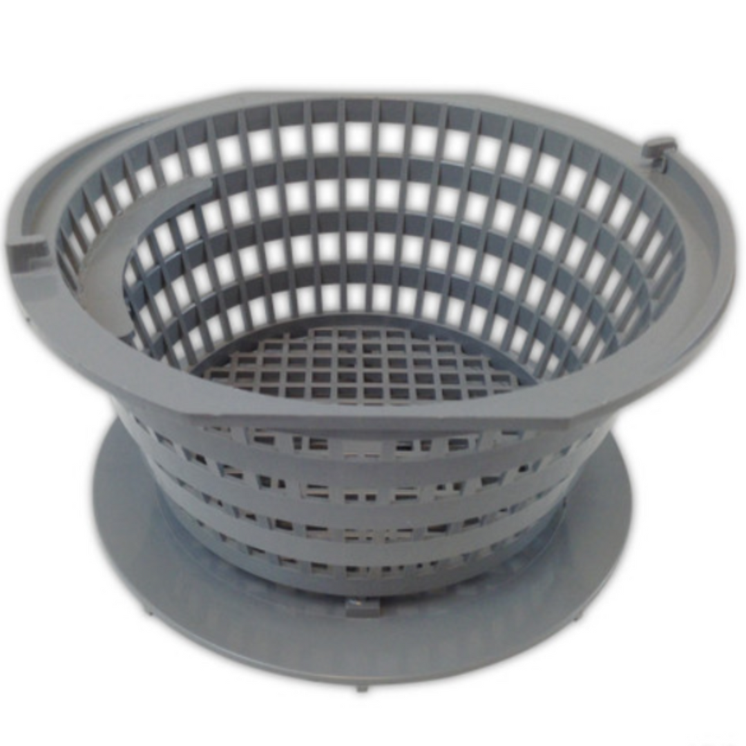 Gray plastic strainer basket on a white background