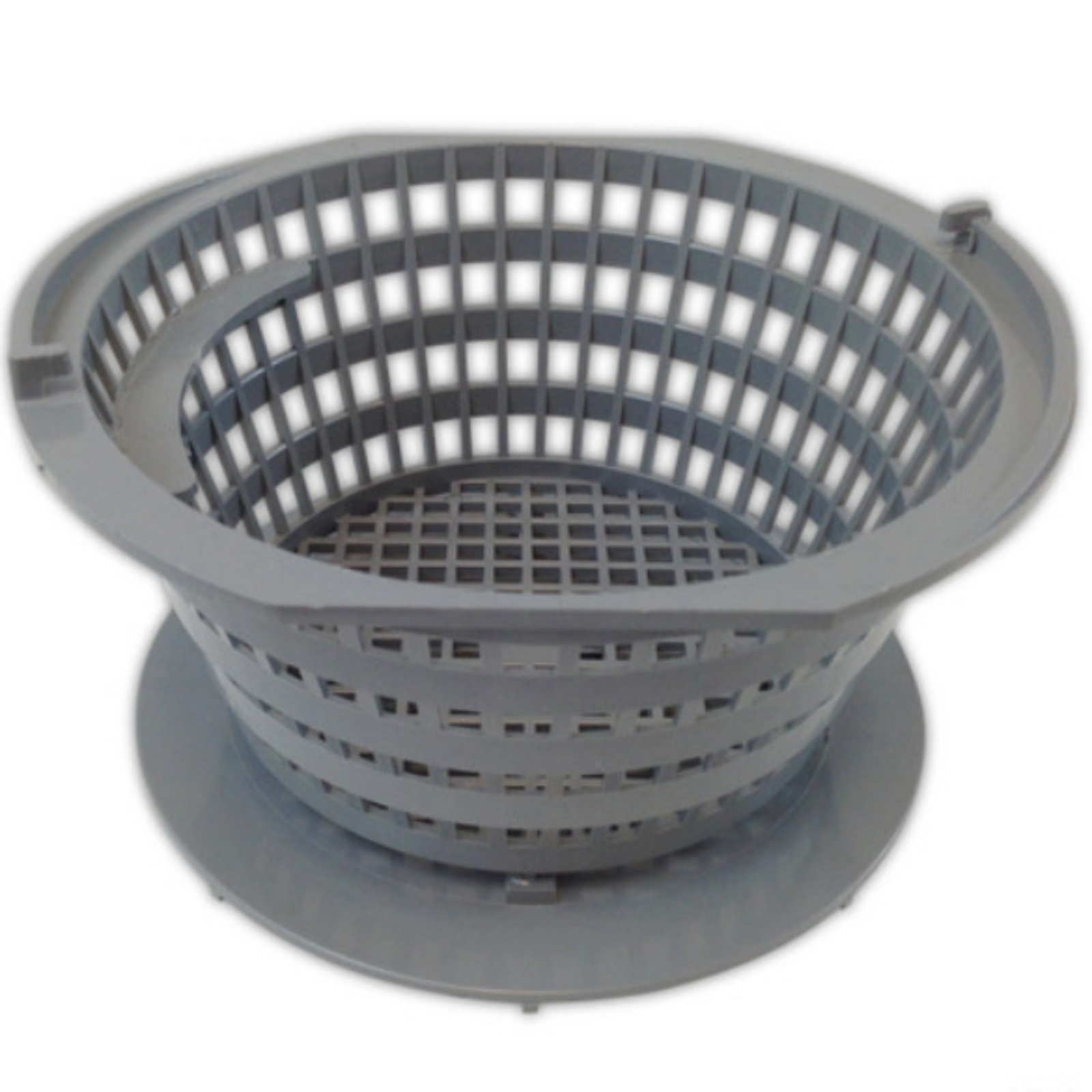 Gray plastic strainer basket on a white background