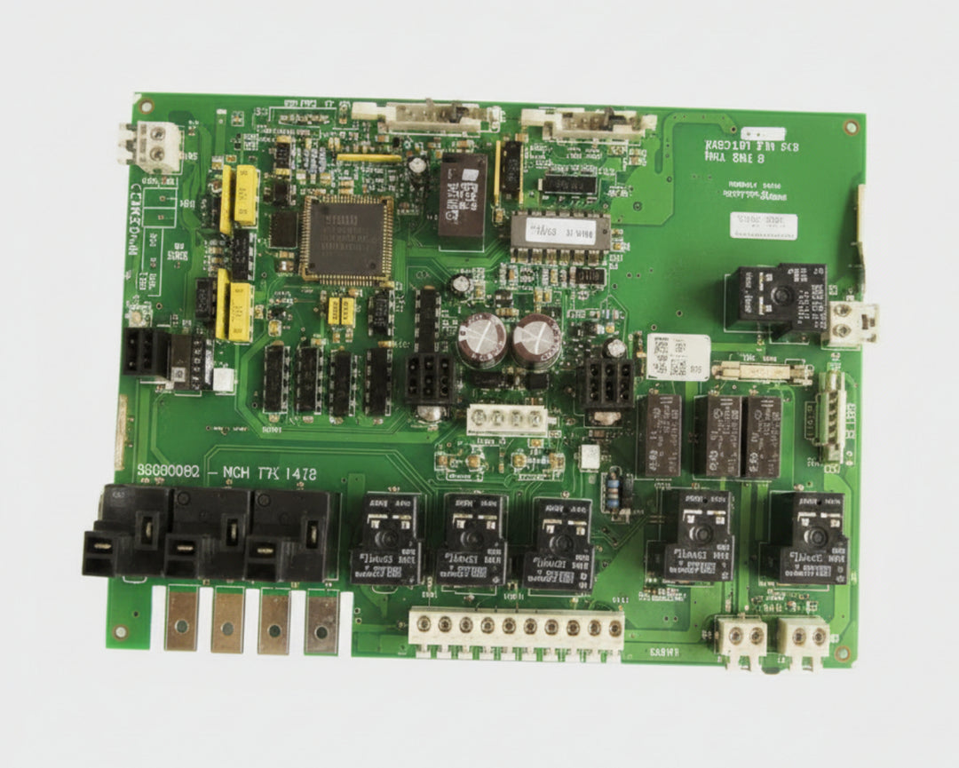 Electronic circuit board with various components on a white background