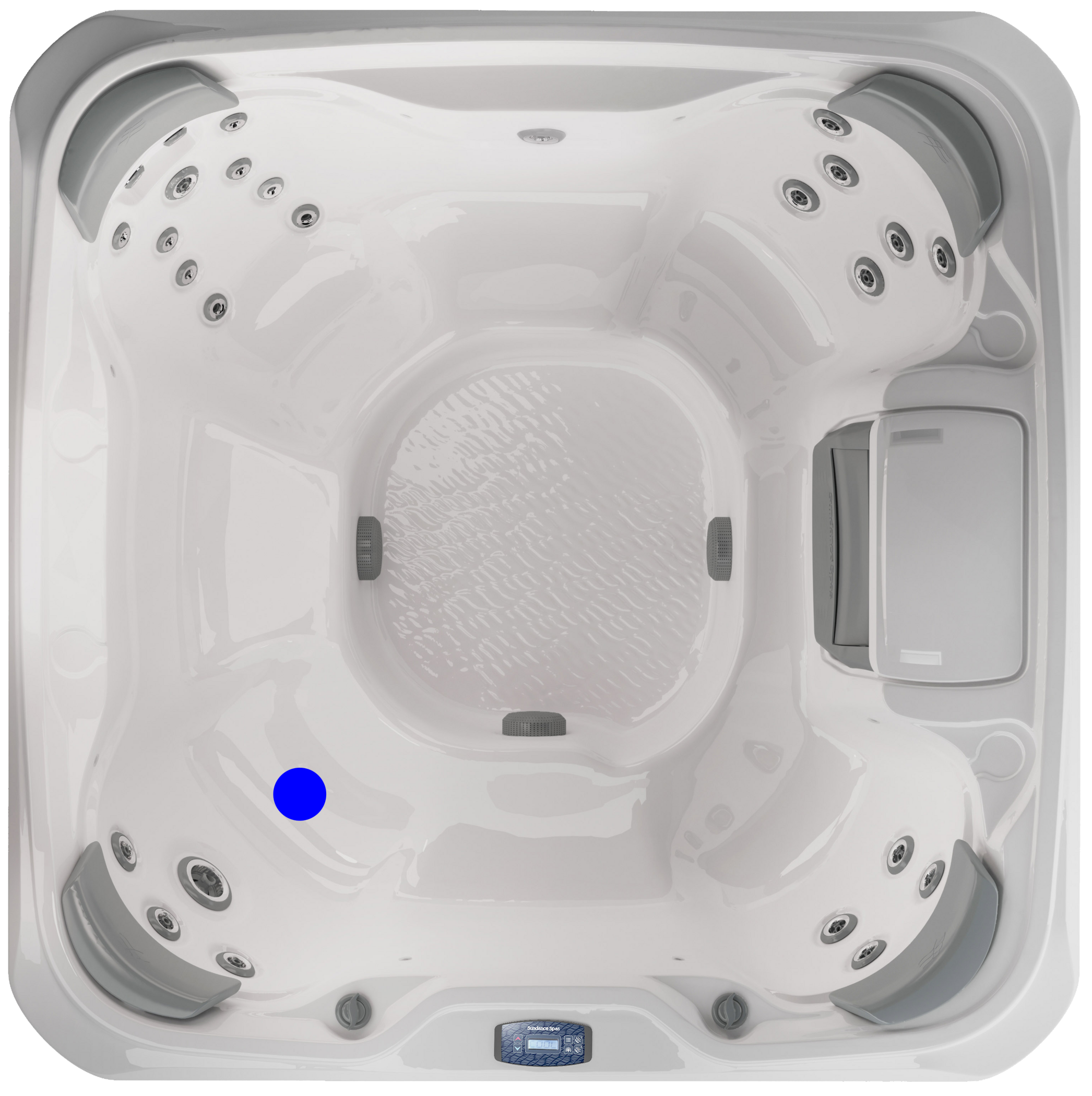 Top-down view of a white hot tub with multiple jet nozzles around the interior seating area, gray outer tub walls, and a small blue control panel at the bottom center.
