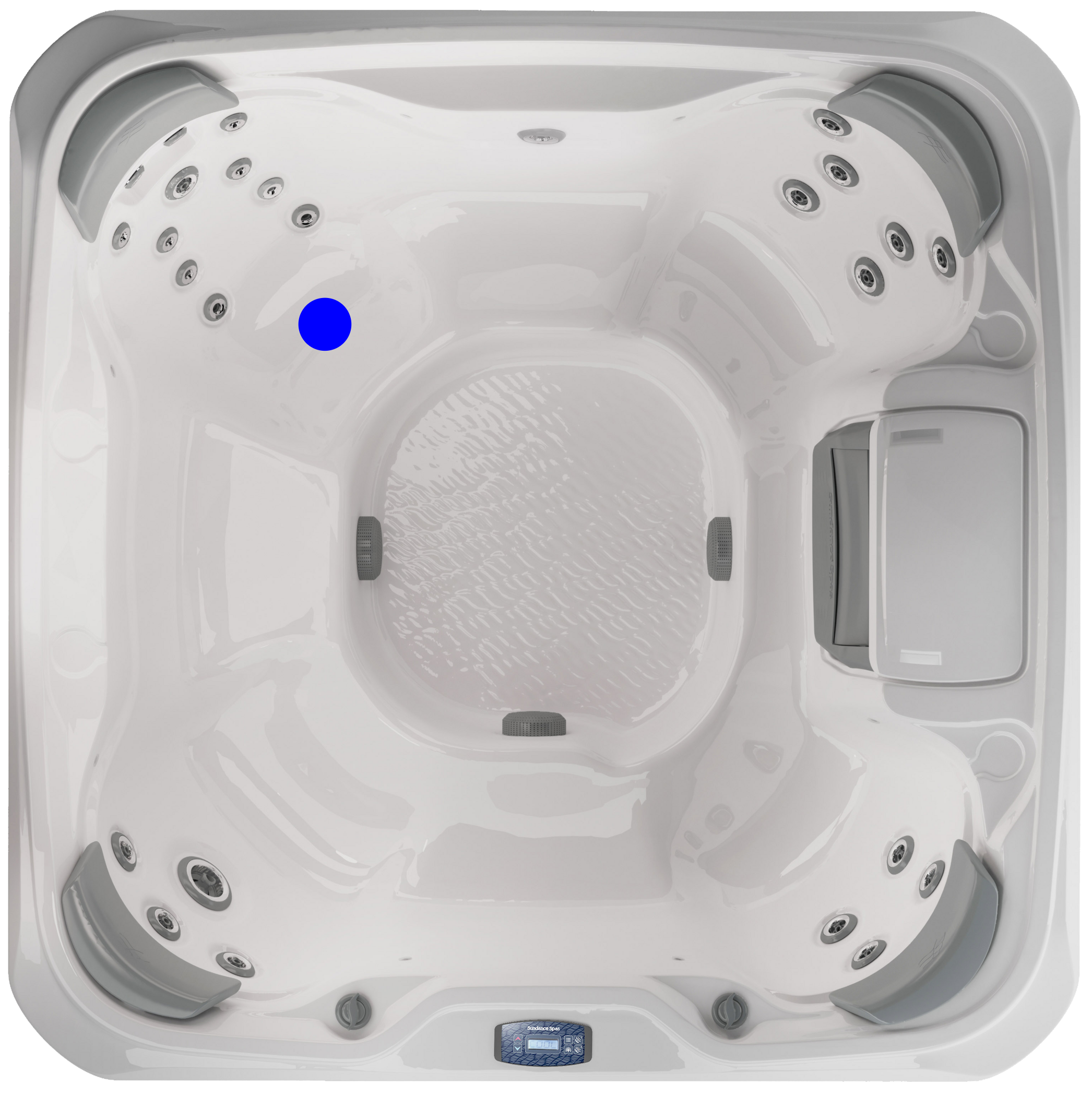 Top-down view of a white outdoor hot tub with multiple jet nozzles around the seating area, a central walkway, and a gray control panel on the right side.