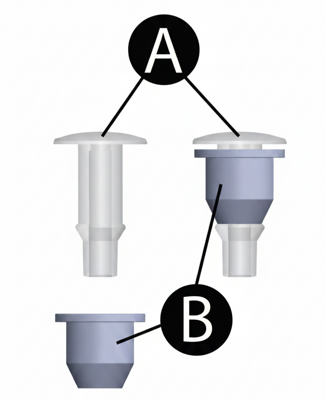 Two plastic containers with labeled parts on a white background
