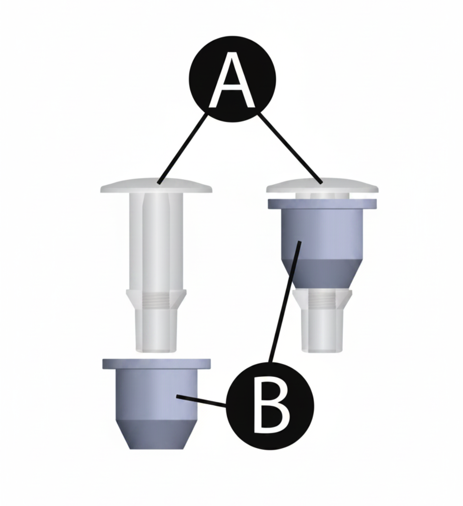 Two plastic containers with labeled parts on a white background
