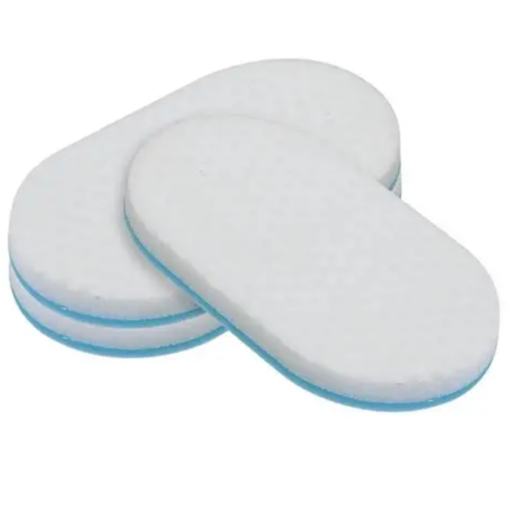 Two white oval foam pads with light blue edges, stacked and overlapping on a plain white background.