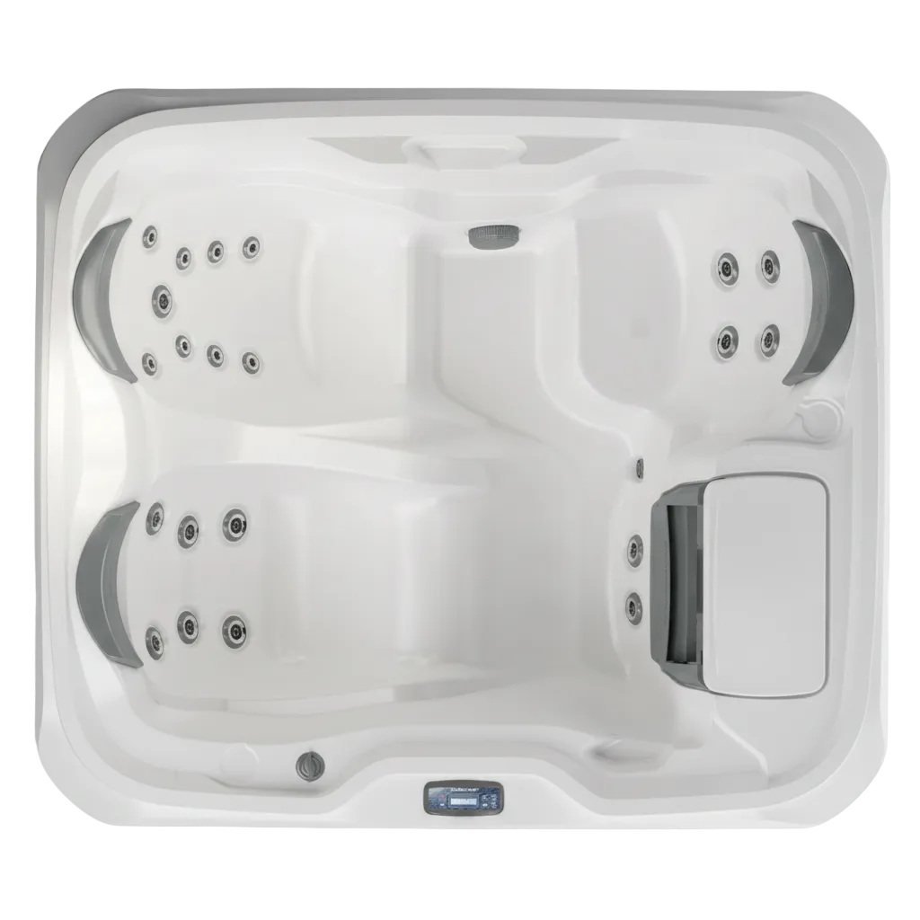 Top-down view of a white rectangular hot tub with dual seating, multiple jet nozzles, gray curved trim details, and a small blue control panel at the front center.