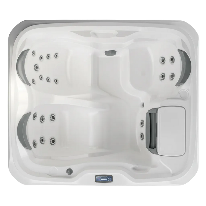 Top-down view of a white rectangular hot tub with dual seating, multiple jet nozzles, gray curved trim details, and a small blue control panel at the front center.
