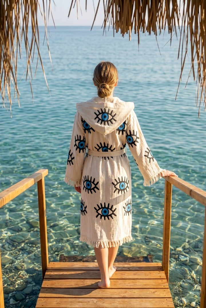 Evil Eye Hooded Turkish Cotton Bathrobe
